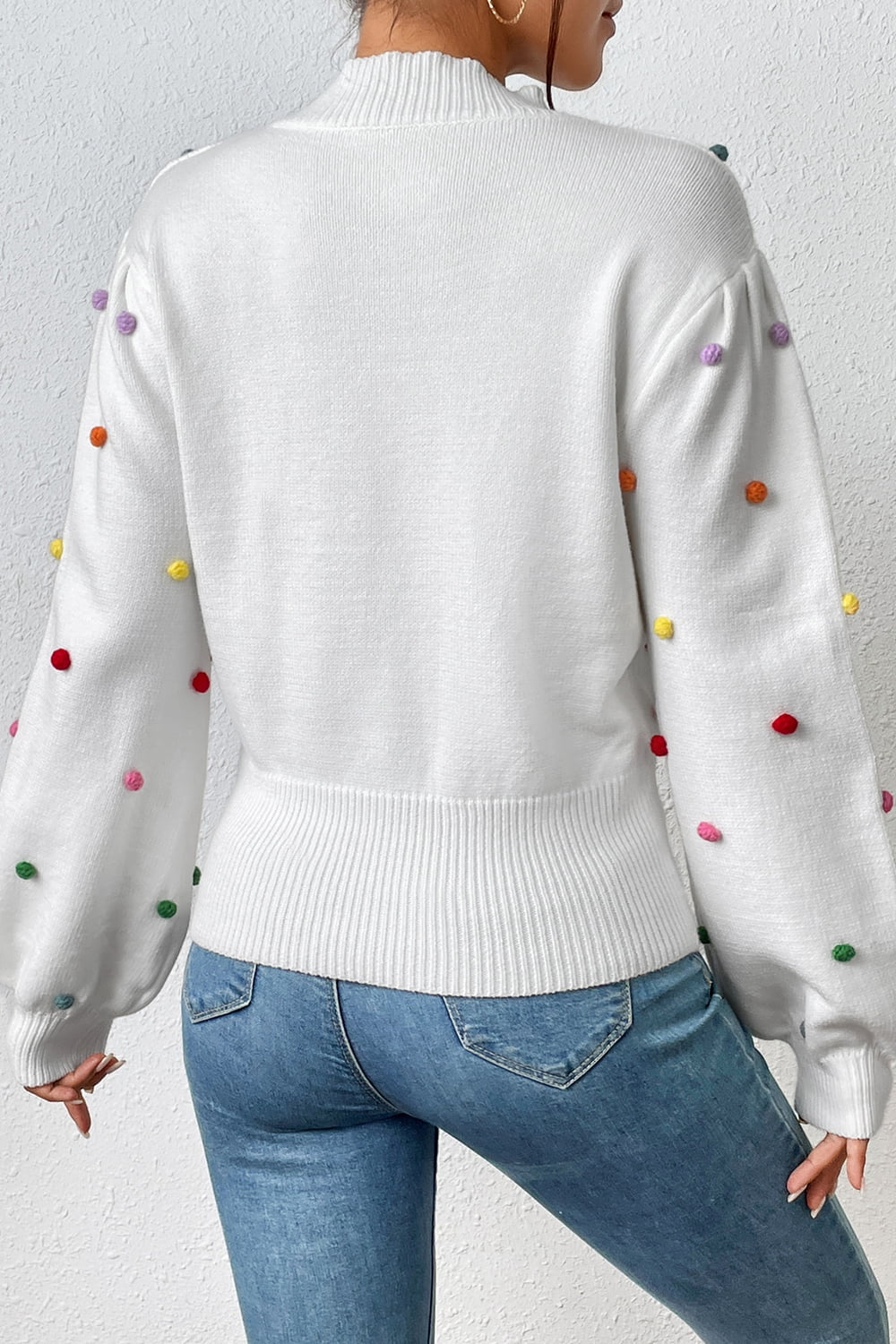 Pom-Pom Trim Mock Neck Long Sleeve Pullover Sweater Print on any thing USA/STOD clothes