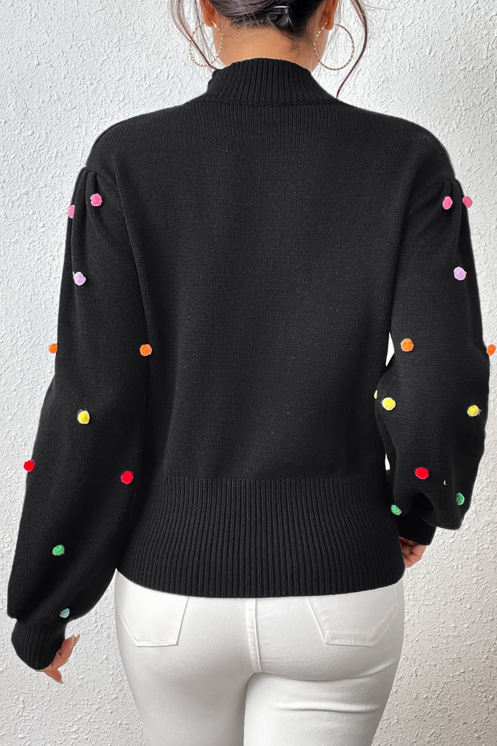 Pom-Pom Trim Mock Neck Long Sleeve Pullover Sweater Print on any thing USA/STOD clothes