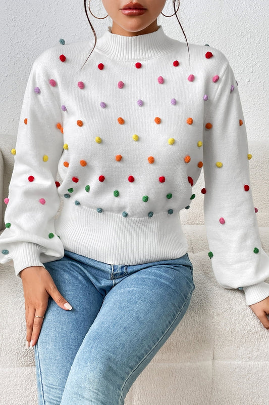 Pom-Pom Trim Mock Neck Long Sleeve Pullover Sweater Print on any thing USA/STOD clothes