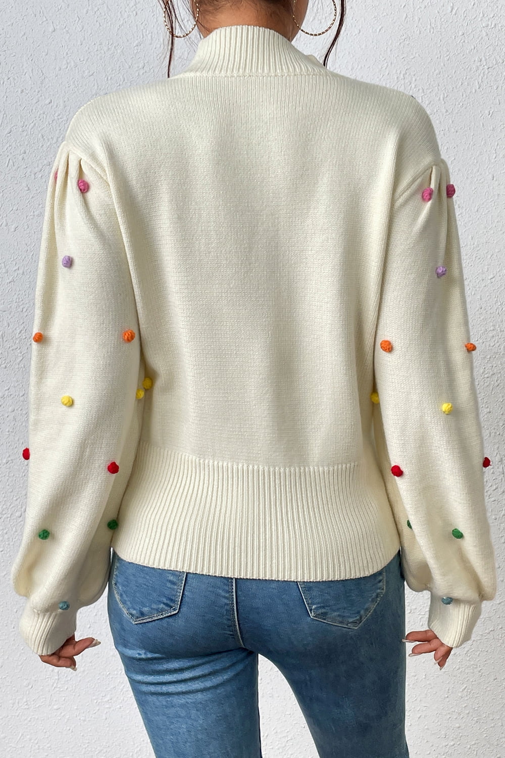 Pom-Pom Trim Mock Neck Long Sleeve Pullover Sweater Print on any thing USA/STOD clothes