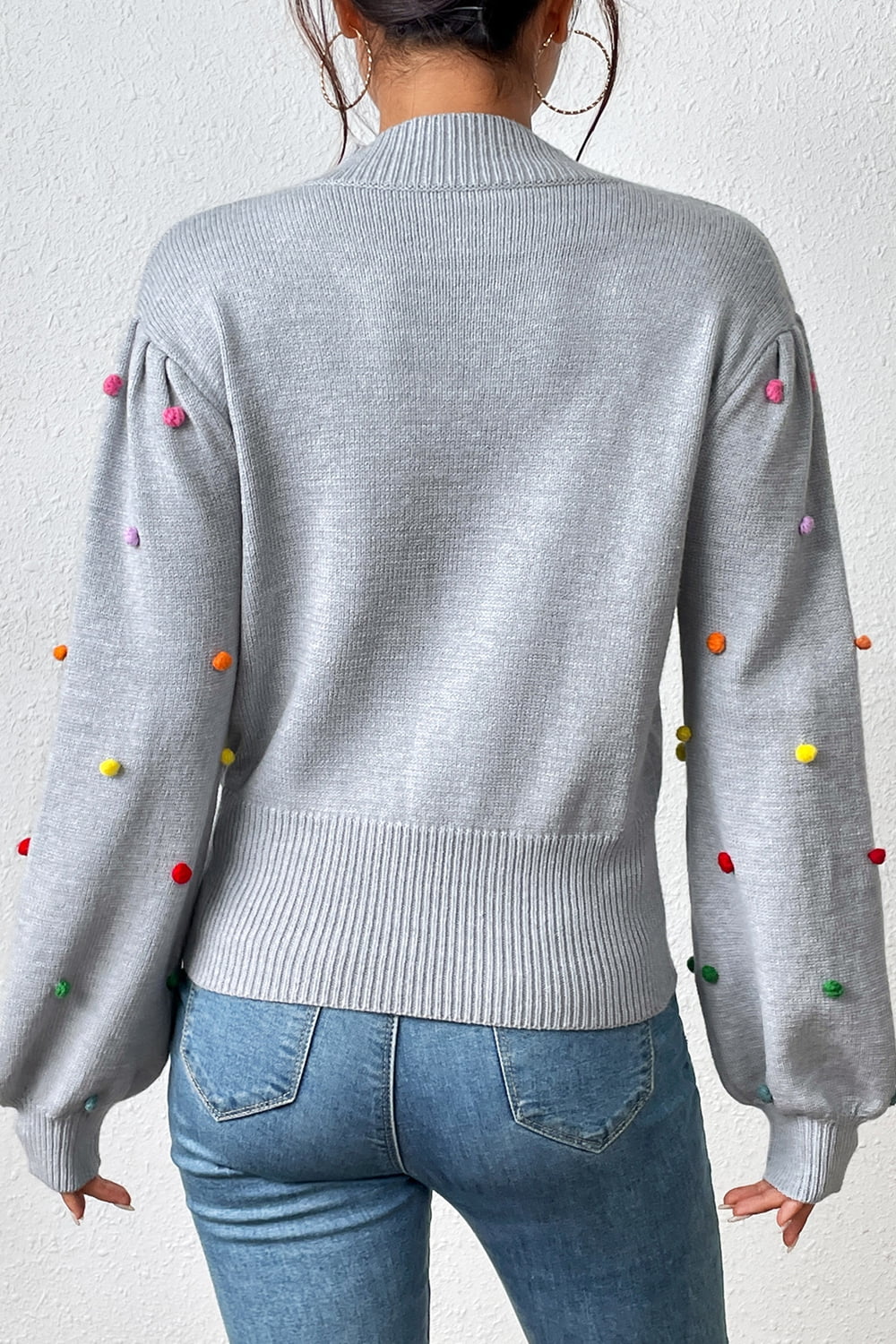 Pom-Pom Trim Mock Neck Long Sleeve Pullover Sweater Print on any thing USA/STOD clothes