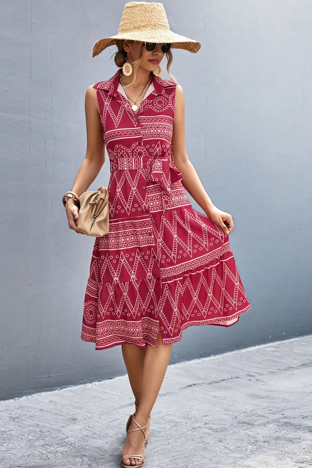 Printed Button Front Tie-Waist Sleeveless Collared Dress Print on any thing USA/STOD clothes