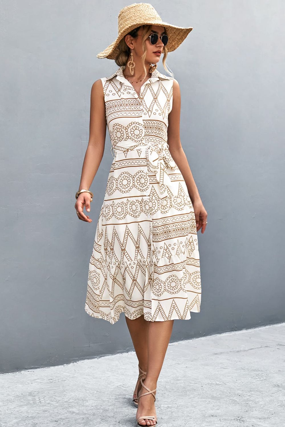 Printed Button Front Tie-Waist Sleeveless Collared Dress Print on any thing USA/STOD clothes