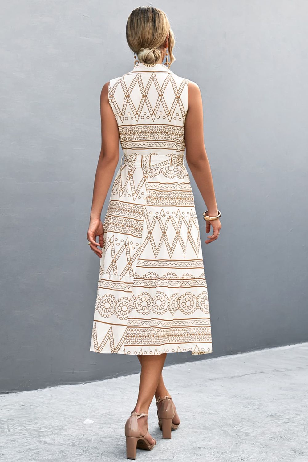 Printed Button Front Tie-Waist Sleeveless Collared Dress Print on any thing USA/STOD clothes