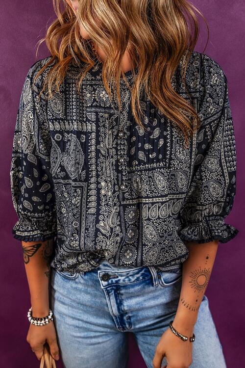 Printed Buttoned Flounce Sleeve Blouse Print on any thing USA/STOD clothes