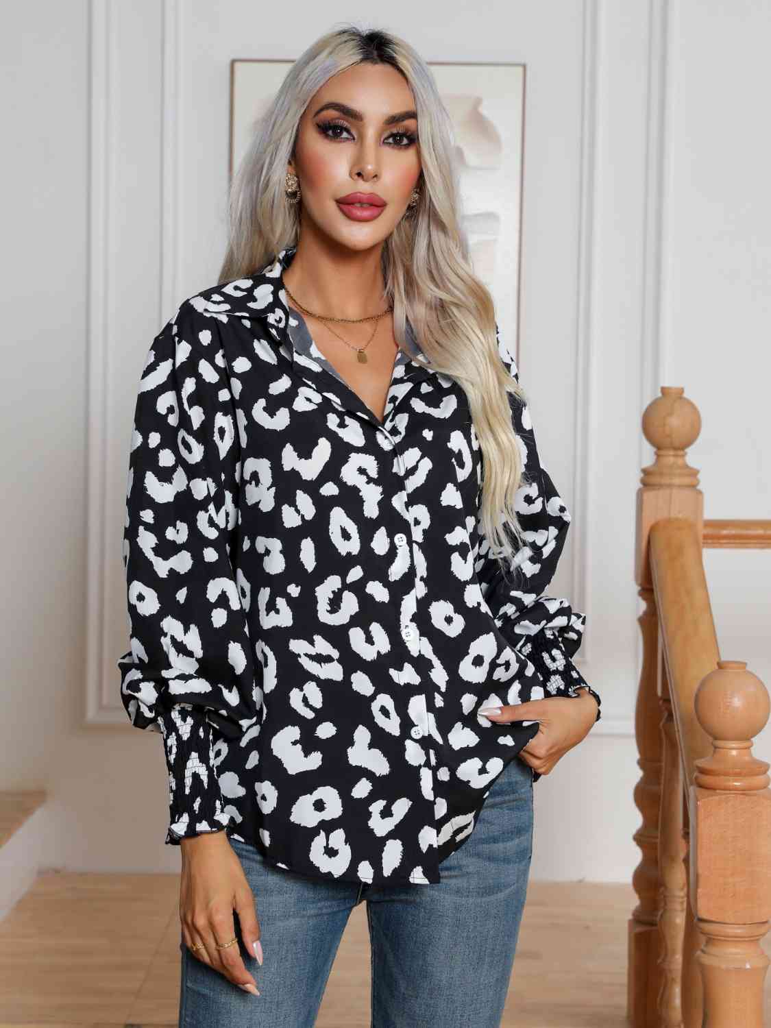 Printed Collared Neck Buttoned Lantern Sleeve Shirt Print on any thing USA/STOD clothes