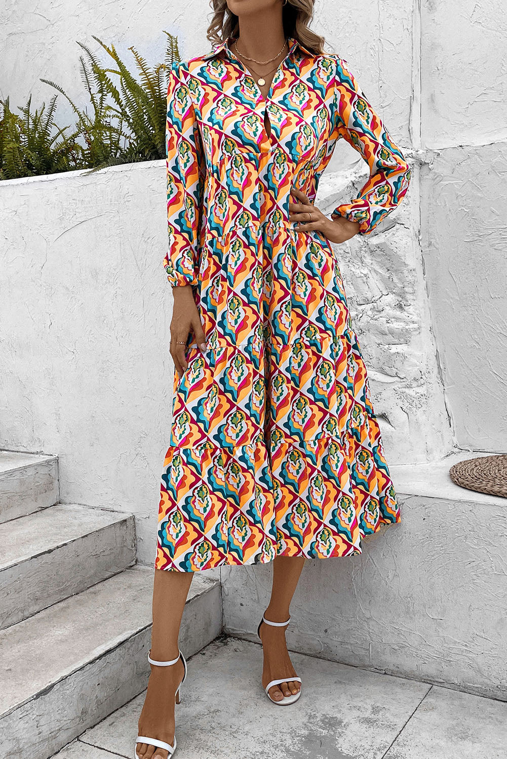 Printed Collared Neck Long Sleeve Dress Print on any thing USA/STOD clothes