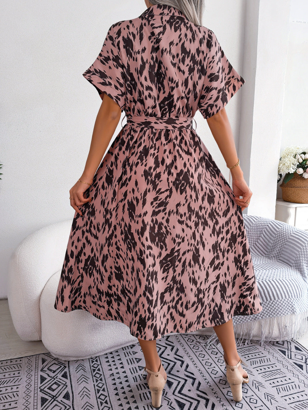 Printed Collared Neck Short Sleeve Tie Waist Dress Print on any thing USA/STOD clothes