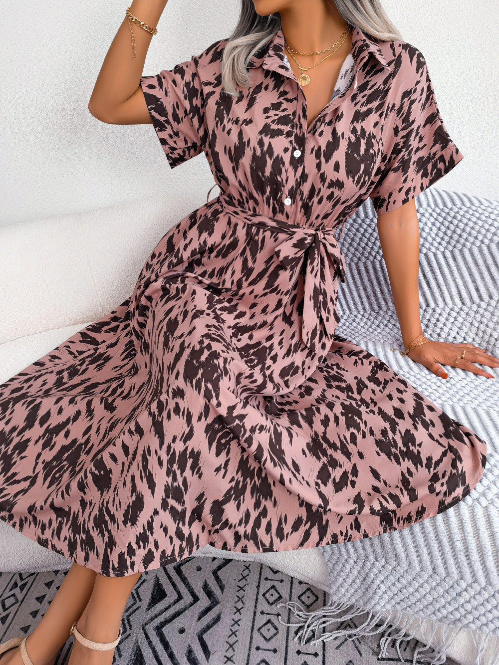 Printed Collared Neck Short Sleeve Tie Waist Dress Print on any thing USA/STOD clothes