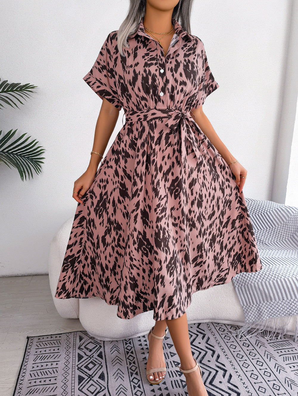 Printed Collared Neck Short Sleeve Tie Waist Dress Print on any thing USA/STOD clothes