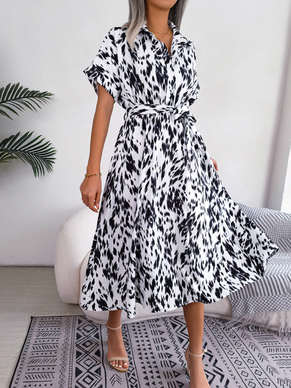 Printed Collared Neck Short Sleeve Tie Waist Dress Print on any thing USA/STOD clothes