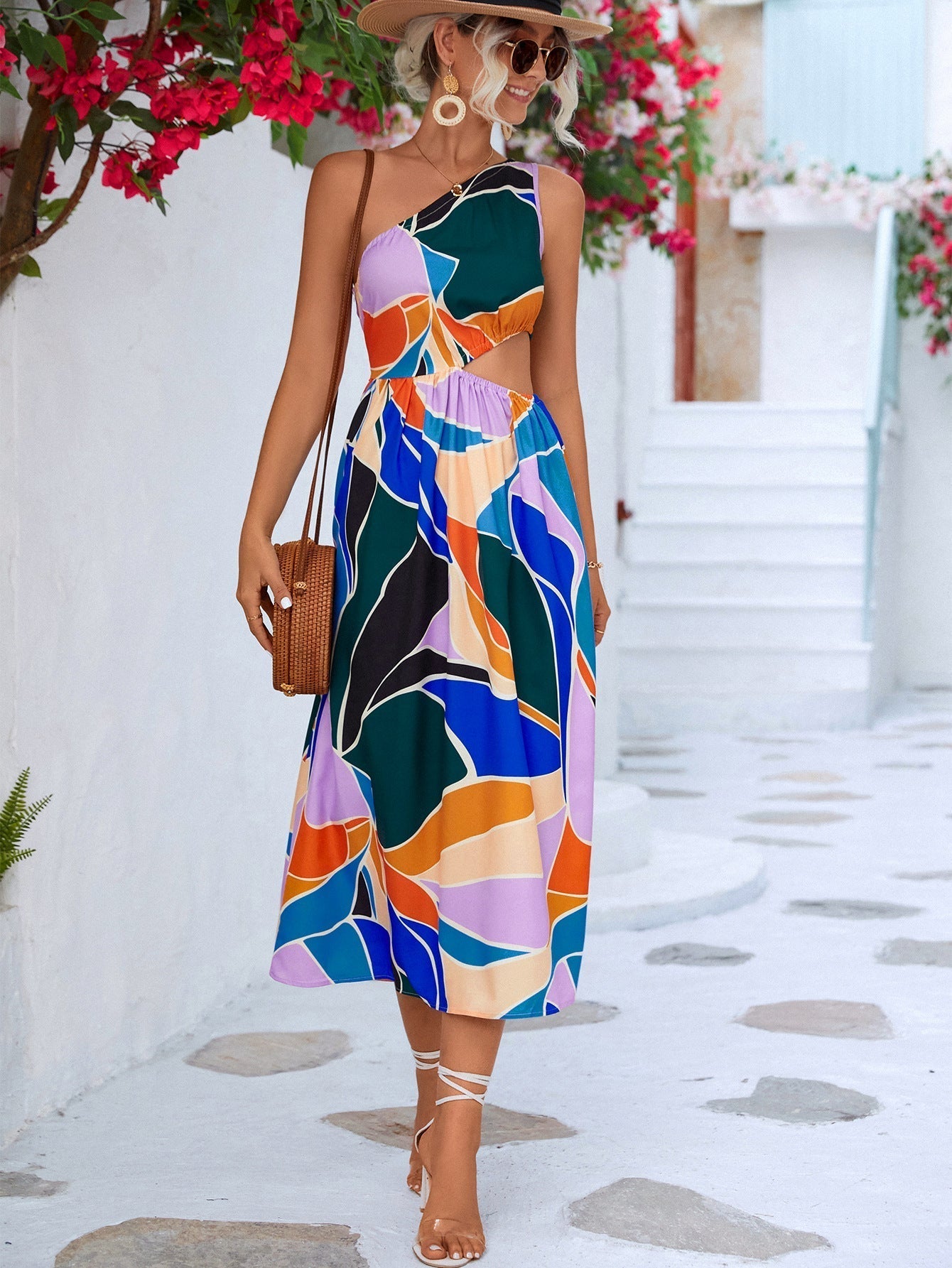 Printed Cutout One-Shoulder Sleeveless Dress Print on any thing USA/STOD clothes