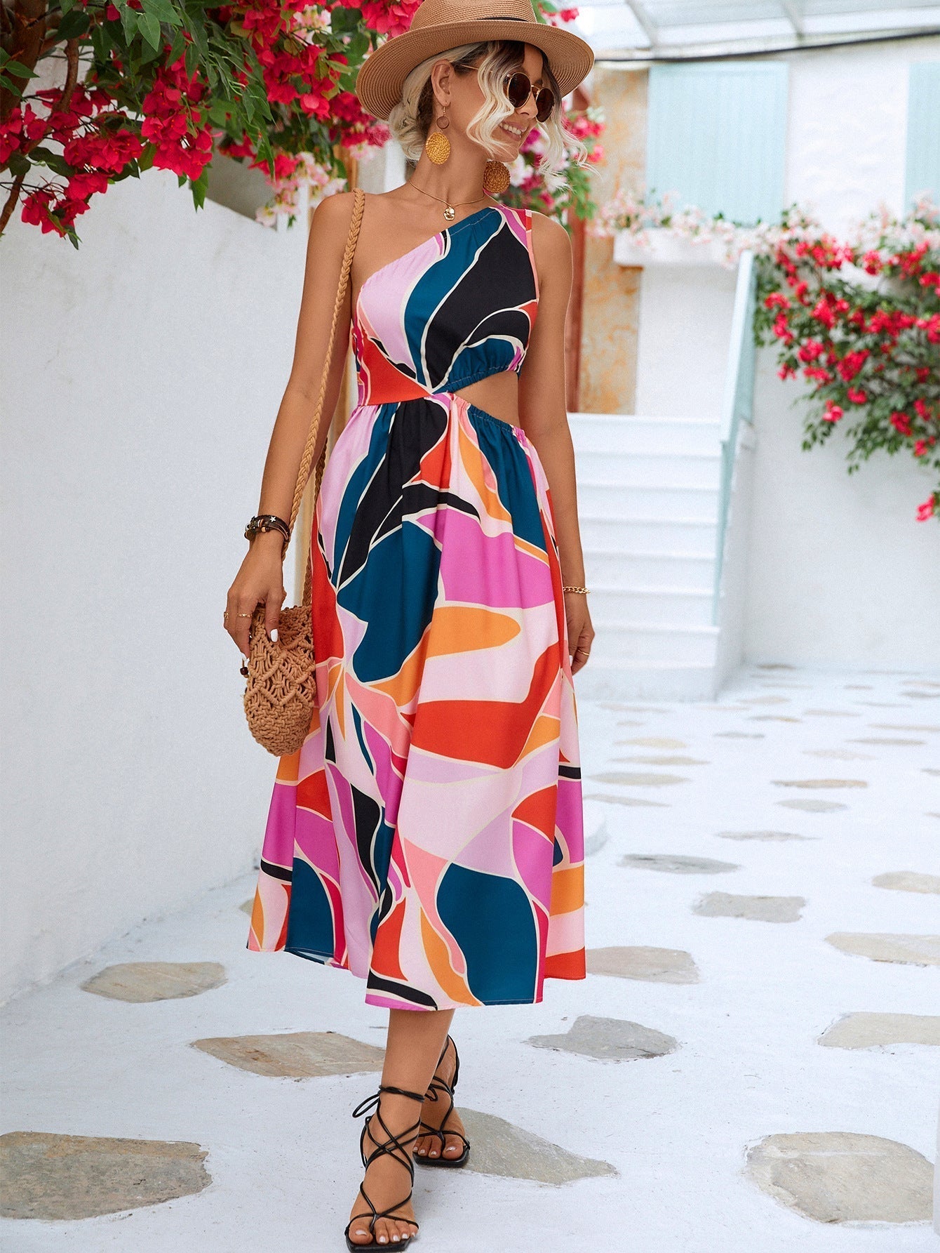 Printed Cutout One-Shoulder Sleeveless Dress Print on any thing USA/STOD clothes