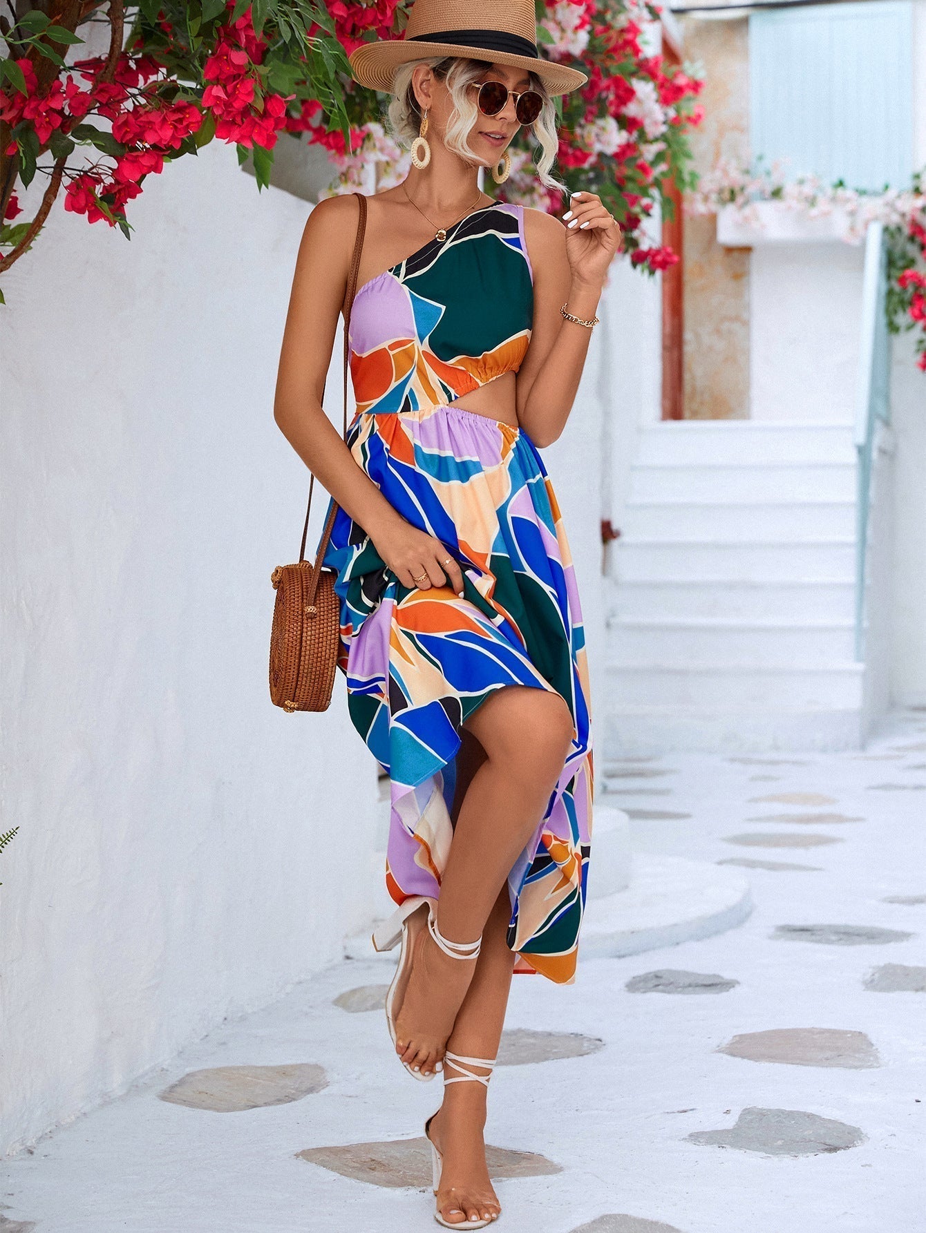 Printed Cutout One-Shoulder Sleeveless Dress Print on any thing USA/STOD clothes