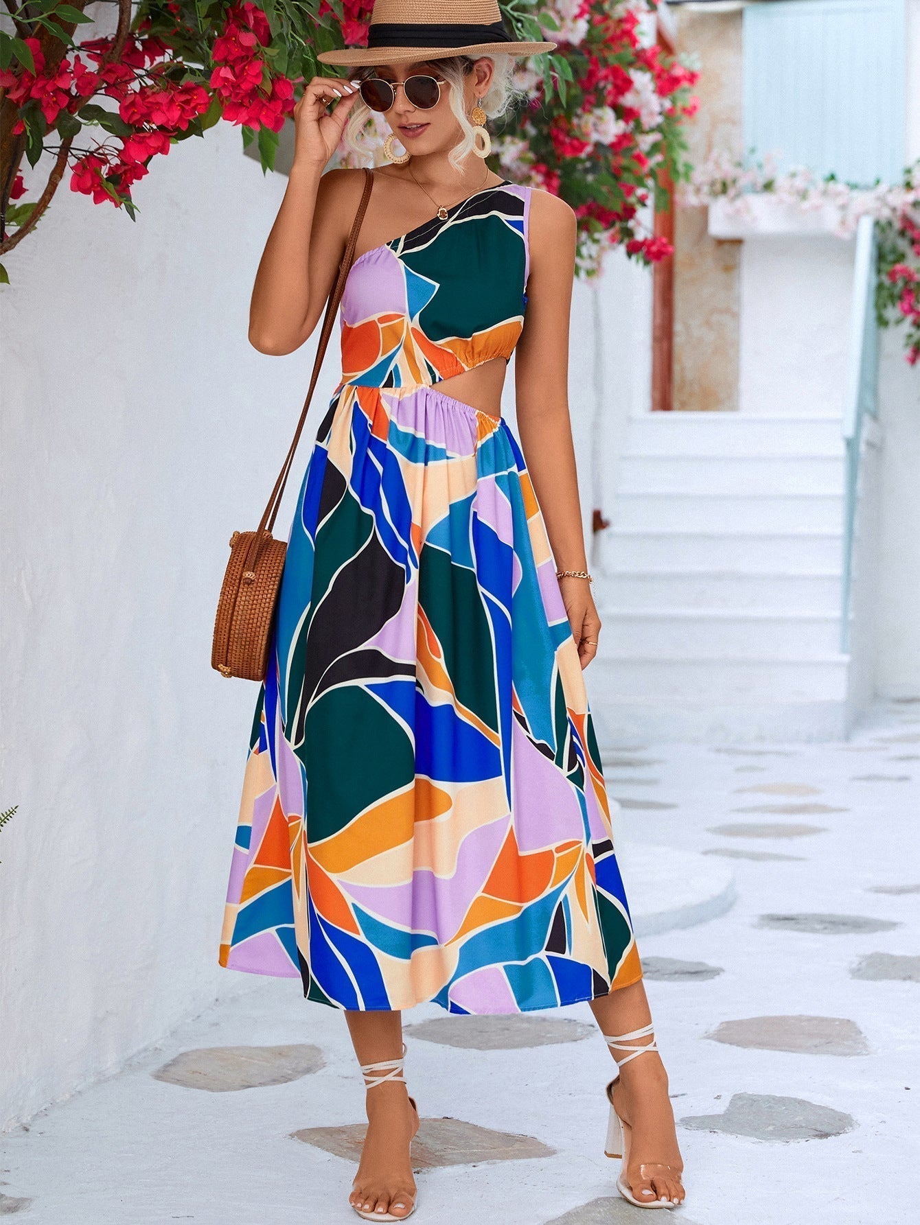 Printed Cutout One-Shoulder Sleeveless Dress Print on any thing USA/STOD clothes