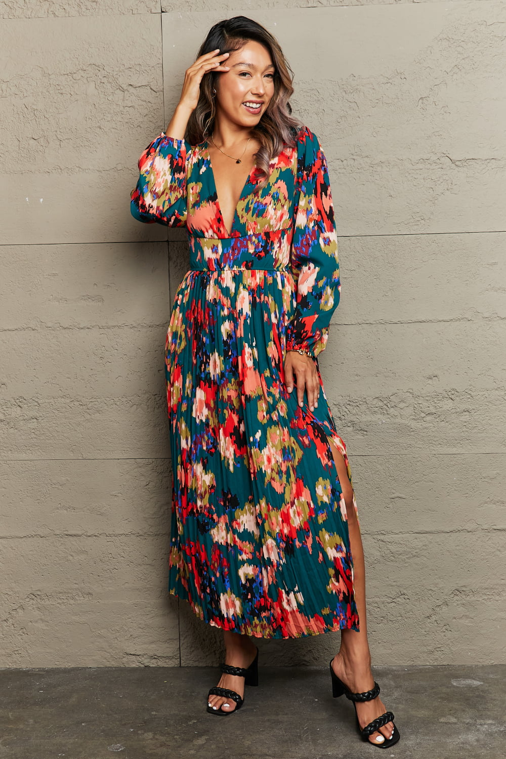 Printed Deep V Slit Pleated Dress Print on any thing USA/STOD clothes