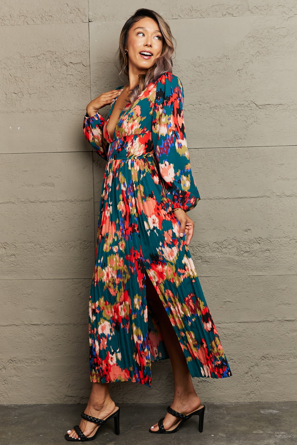 Printed Deep V Slit Pleated Dress Print on any thing USA/STOD clothes