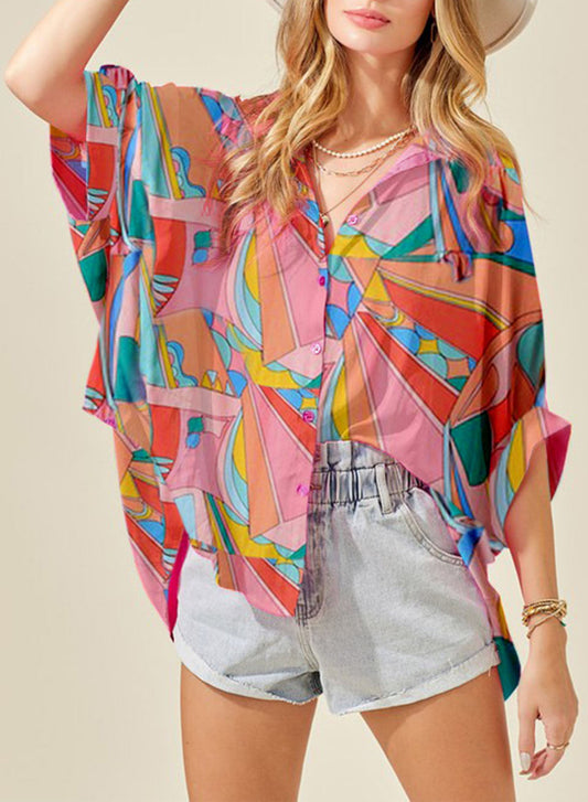 Printed Dolman Sleeve Collared Shirt Print on any thing USA/STOD clothes