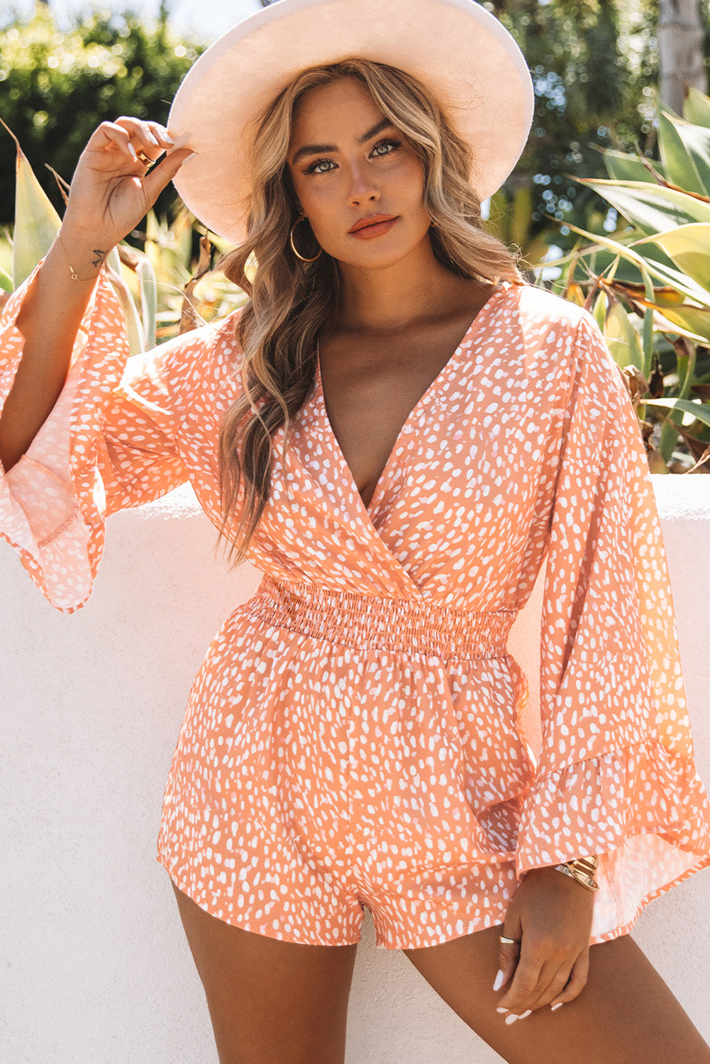 Printed Flare Sleeve Surplice Romper Print on any thing USA/STOD clothes