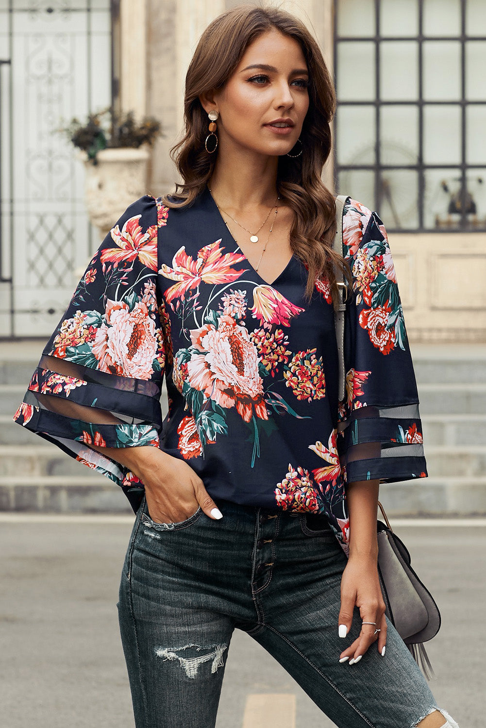 Printed Flare Sleeve Top Print on any thing USA/STOD clothes