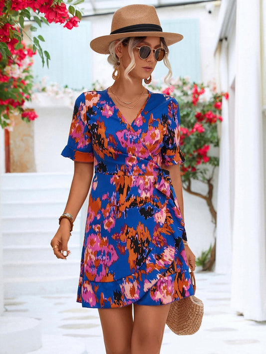 Printed Flounce Sleeve Tied Dress Print on any thing USA/STOD clothes