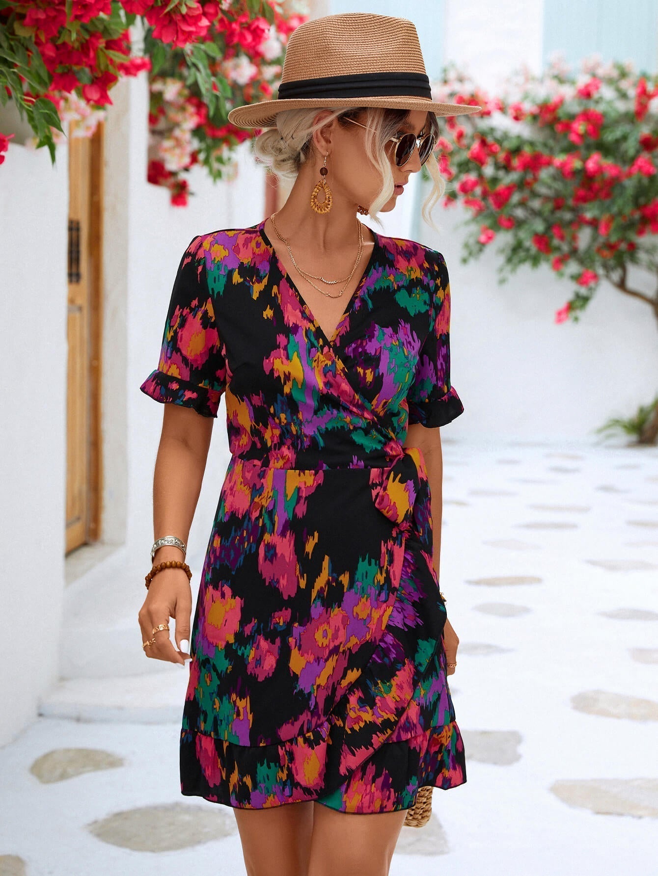 Printed Flounce Sleeve Tied Dress Print on any thing USA/STOD clothes