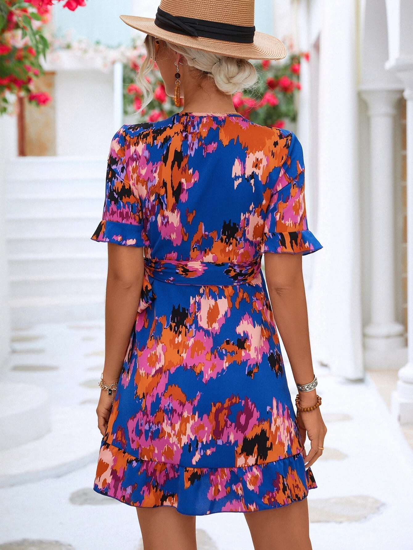 Printed Flounce Sleeve Tied Dress Print on any thing USA/STOD clothes