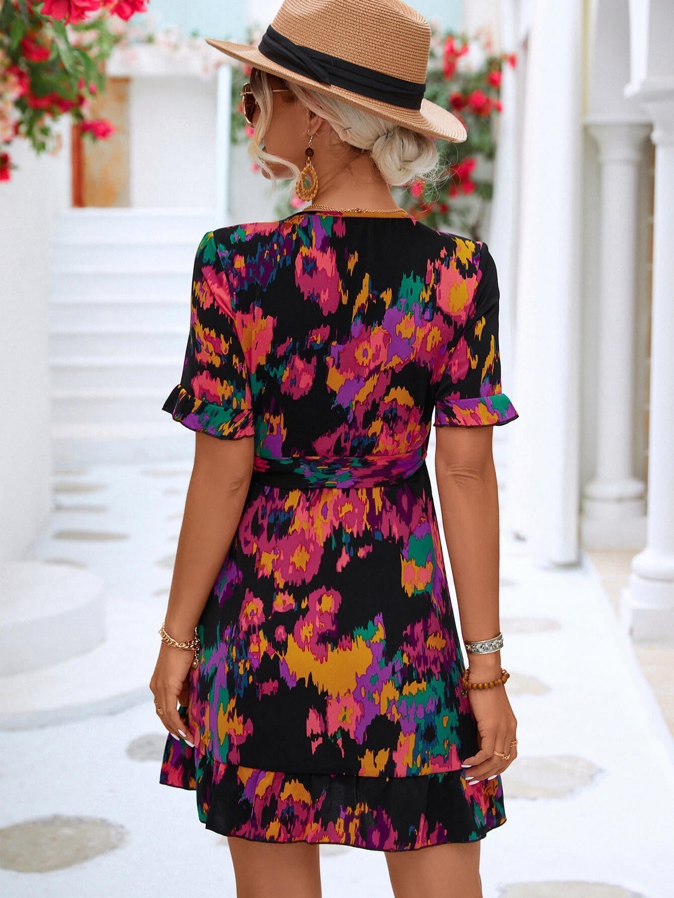 Printed Flounce Sleeve Tied Dress Print on any thing USA/STOD clothes