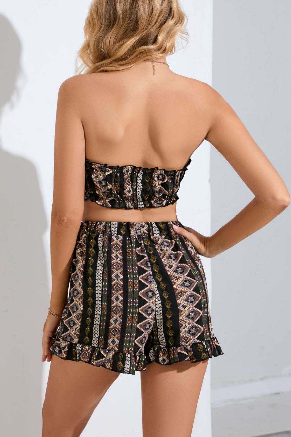 Printed Frill Trim Tube Top and Shorts Set Print on any thing USA/STOD clothes