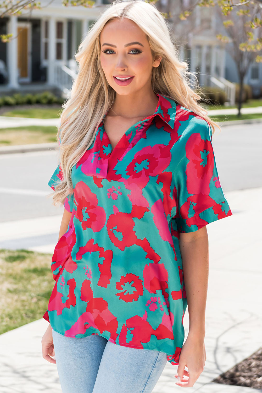 Printed Johnny Collar Short Sleeve Top Print on any thing USA/STOD clothes