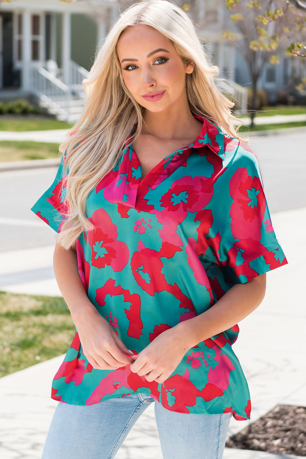 Printed Johnny Collar Short Sleeve Top Print on any thing USA/STOD clothes