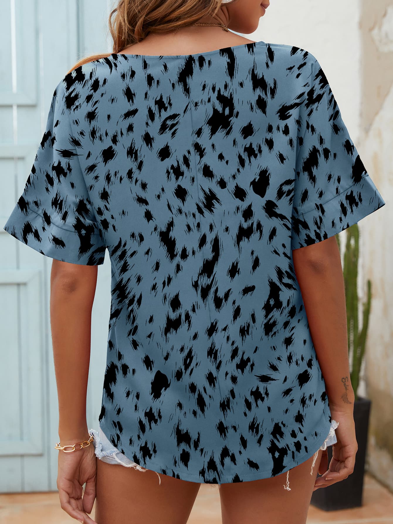 Printed Notched Neck Half Sleeve Blouse Print on any thing USA/STOD clothes