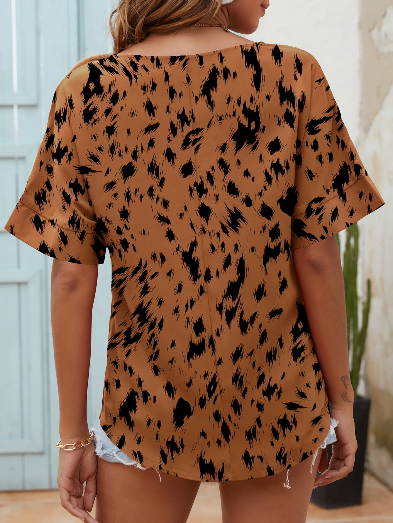 Printed Notched Neck Half Sleeve Blouse Print on any thing USA/STOD clothes