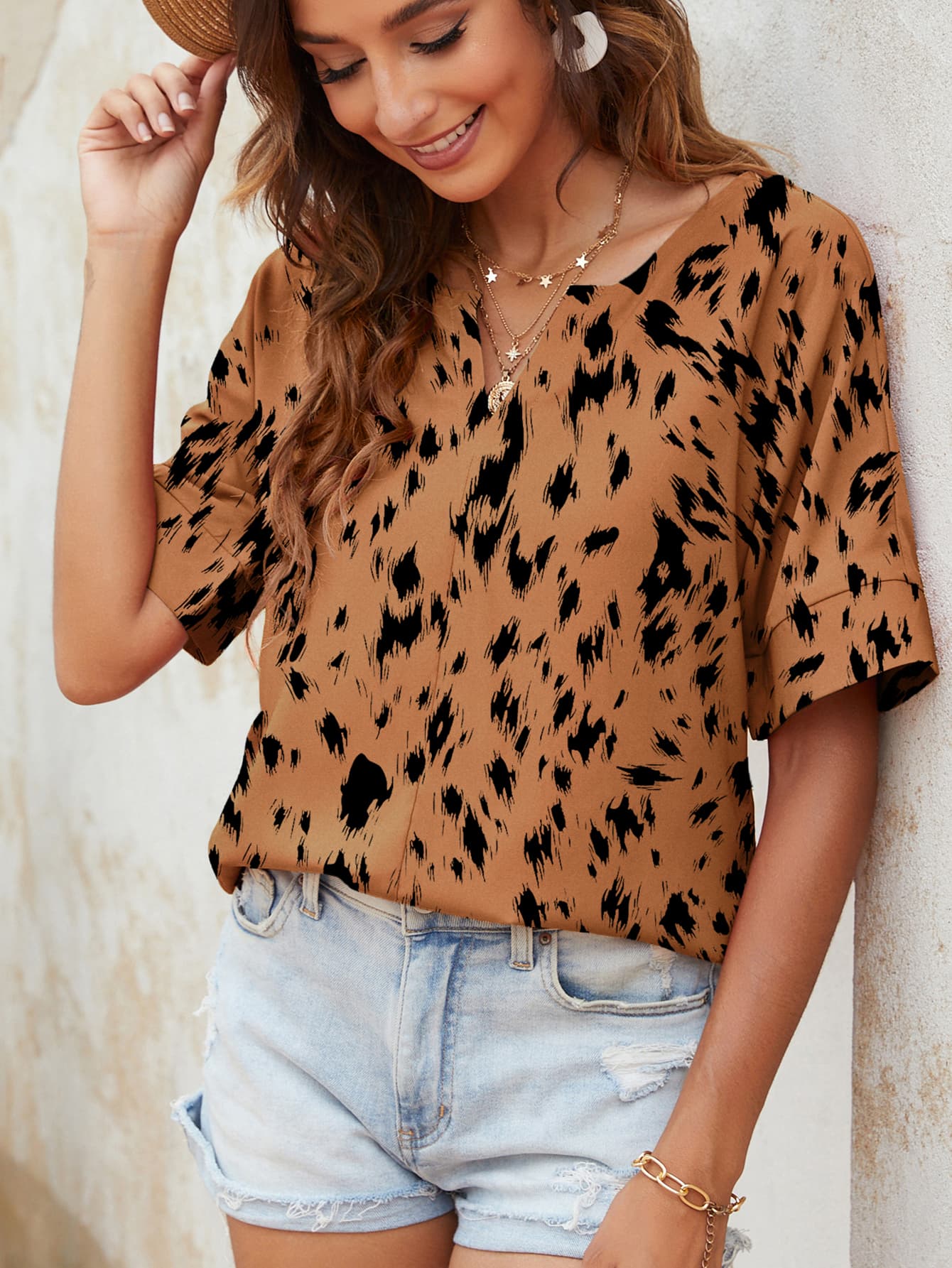 Printed Notched Neck Half Sleeve Blouse Print on any thing USA/STOD clothes