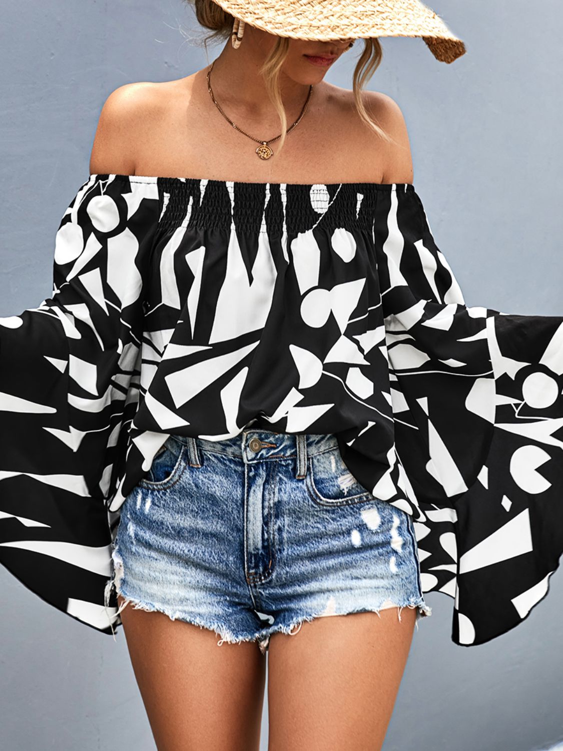 Printed Off-Shoulder Bell Sleeve Blouse Print on any thing USA/STOD clothes