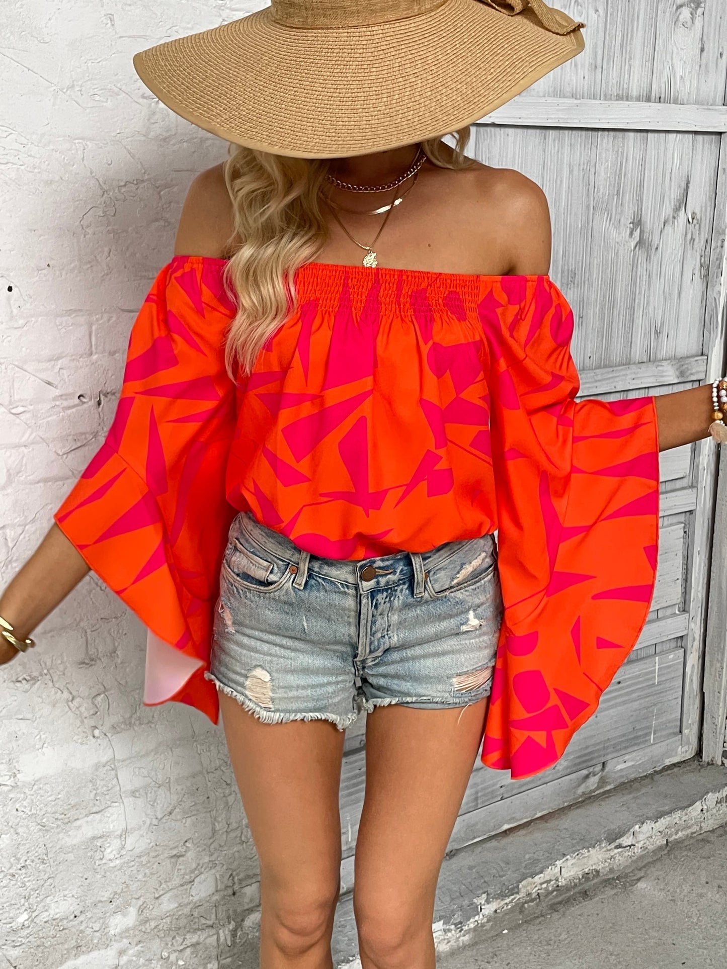 Printed Off-Shoulder Bell Sleeve Blouse Print on any thing USA/STOD clothes