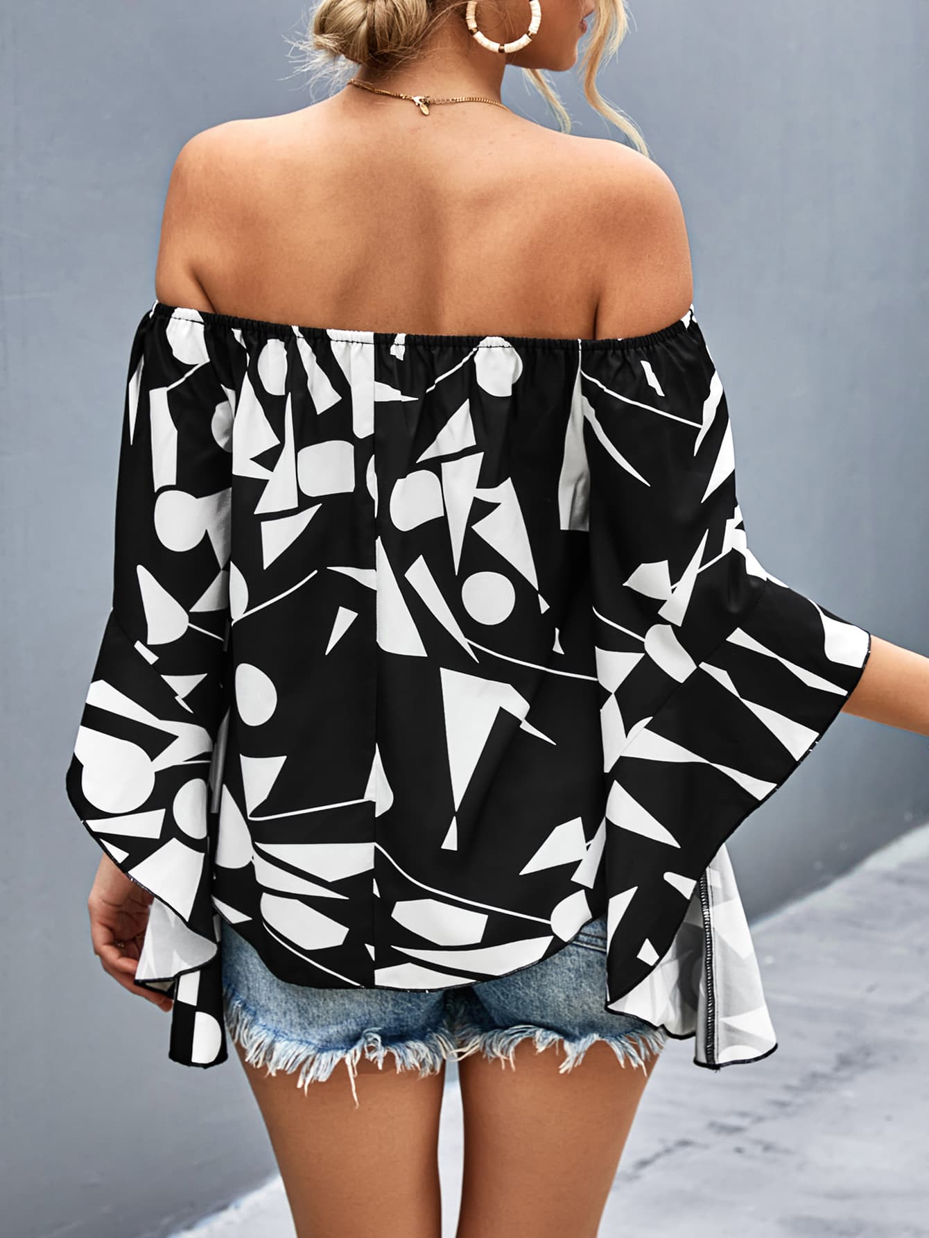 Printed Off-Shoulder Bell Sleeve Blouse Print on any thing USA/STOD clothes