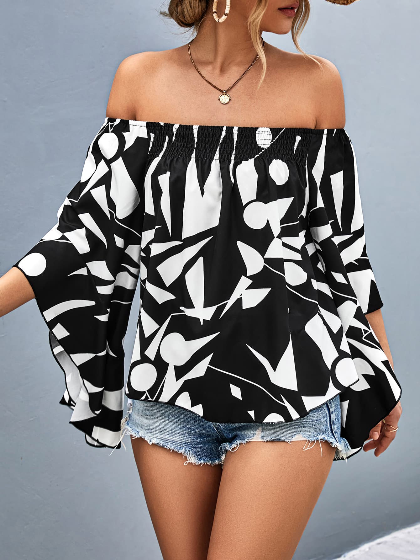 Printed Off-Shoulder Bell Sleeve Blouse Print on any thing USA/STOD clothes