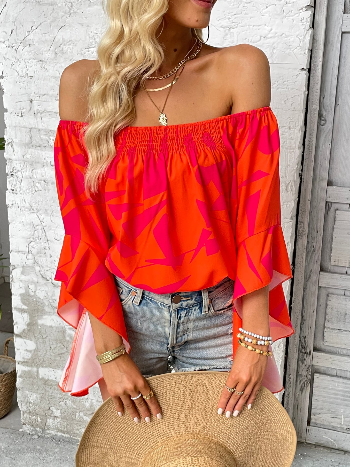 Printed Off-Shoulder Bell Sleeve Blouse Print on any thing USA/STOD clothes