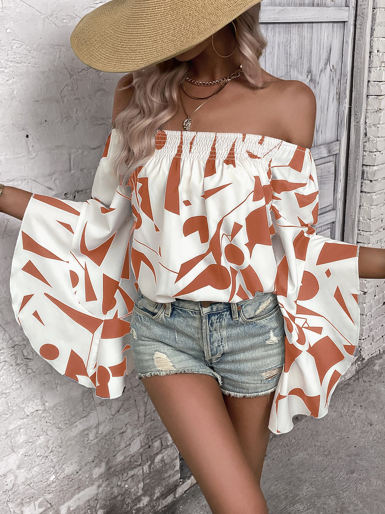 Printed Off-Shoulder Bell Sleeve Blouse Print on any thing USA/STOD clothes