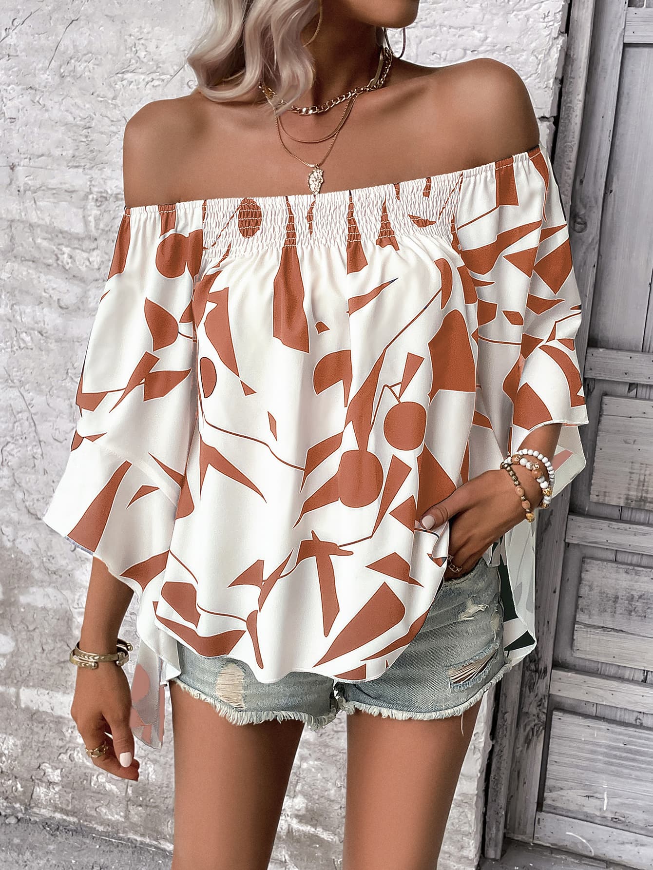 Printed Off-Shoulder Bell Sleeve Blouse Print on any thing USA/STOD clothes