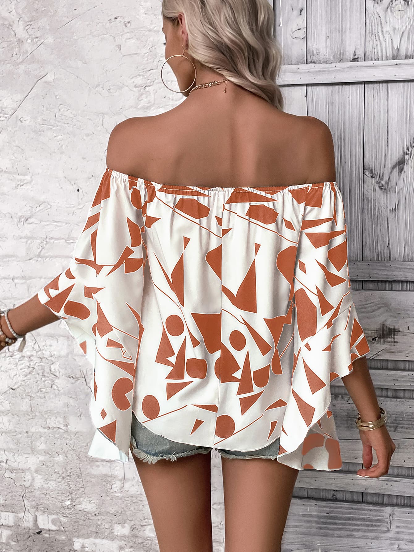 Printed Off-Shoulder Bell Sleeve Blouse Print on any thing USA/STOD clothes