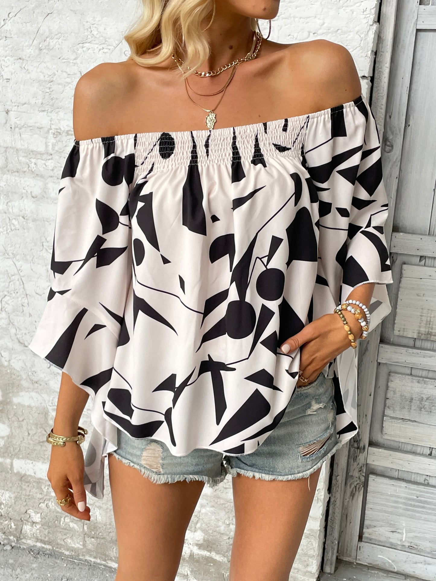 Printed Off-Shoulder Bell Sleeve Blouse Print on any thing USA/STOD clothes