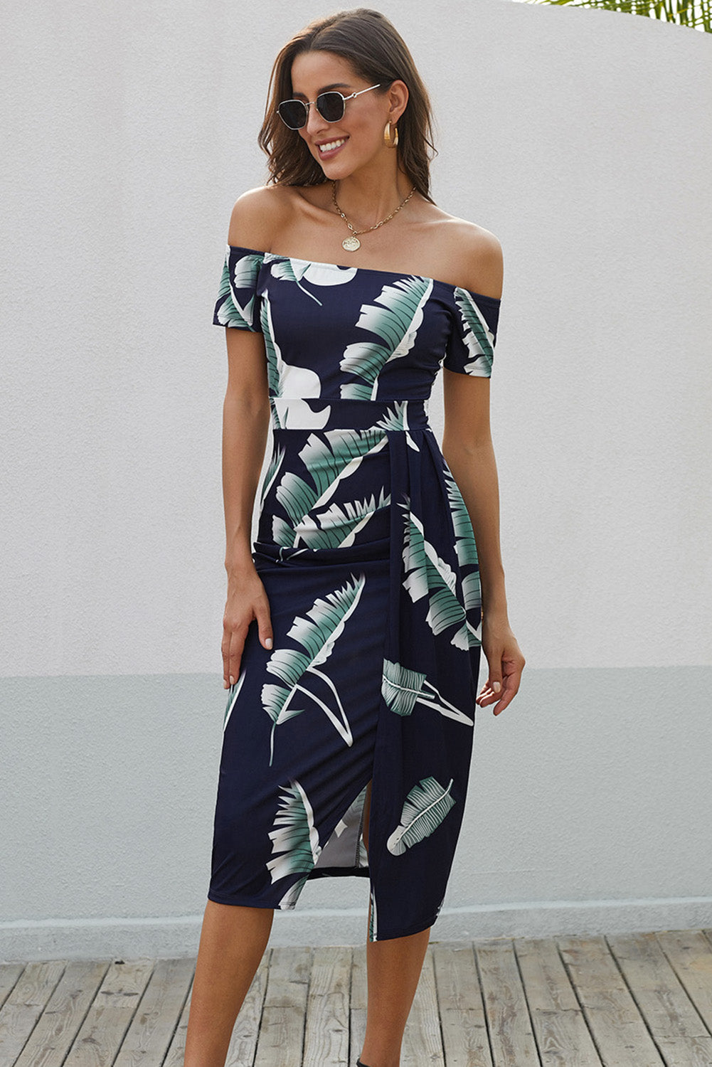 Printed Off-Shoulder Split Dress Print on any thing USA/STOD clothes
