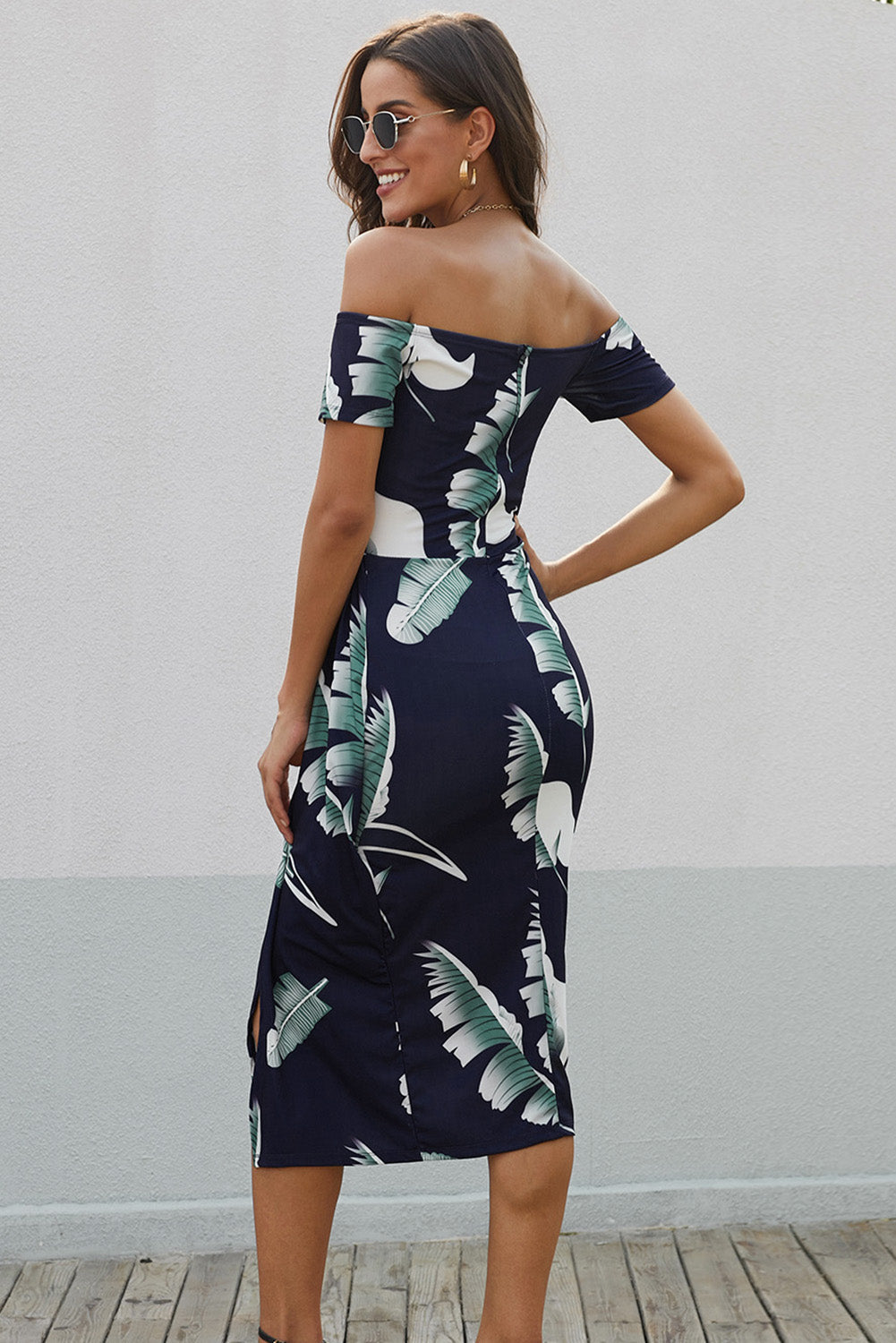 Printed Off-Shoulder Split Dress Print on any thing USA/STOD clothes