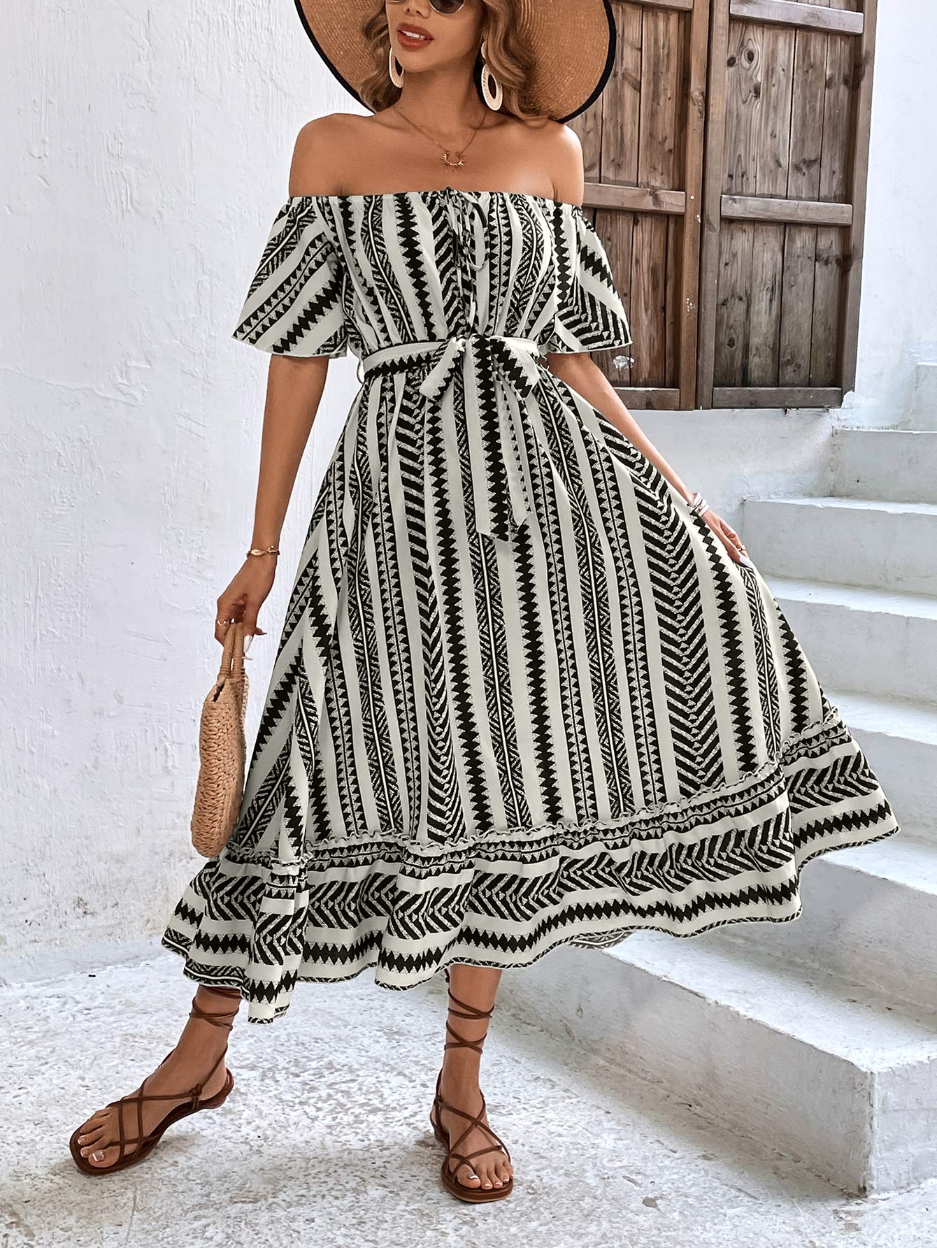 Printed Off-Shoulder Tie Belt Midi Dress Print on any thing USA/STOD clothes