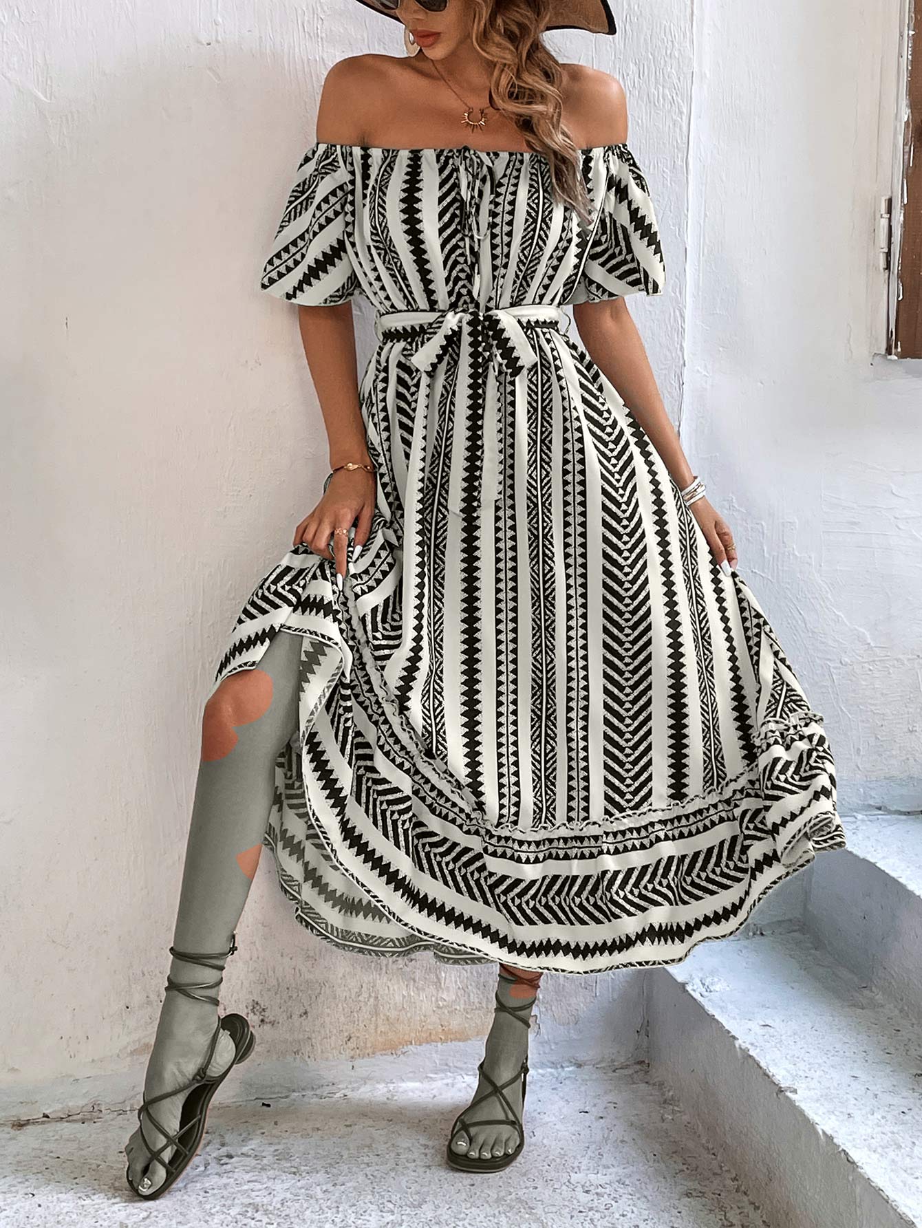 Printed Off-Shoulder Tie Belt Midi Dress Print on any thing USA/STOD clothes
