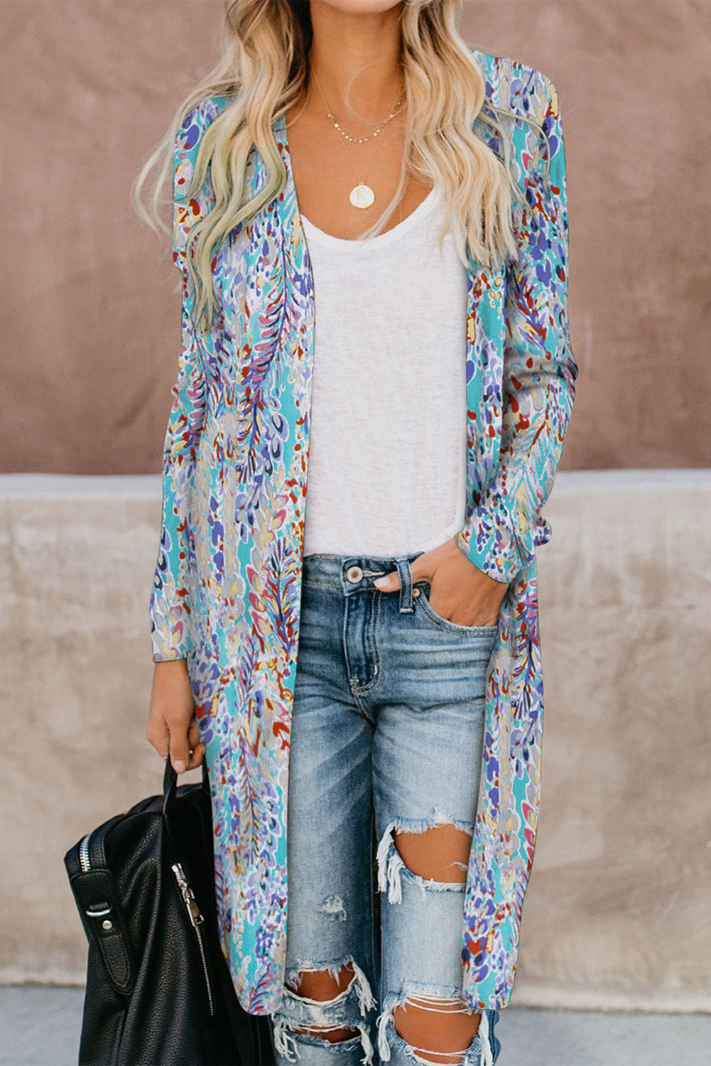 Printed Open Front Longline Cardigan Print on any thing USA/STOD clothes
