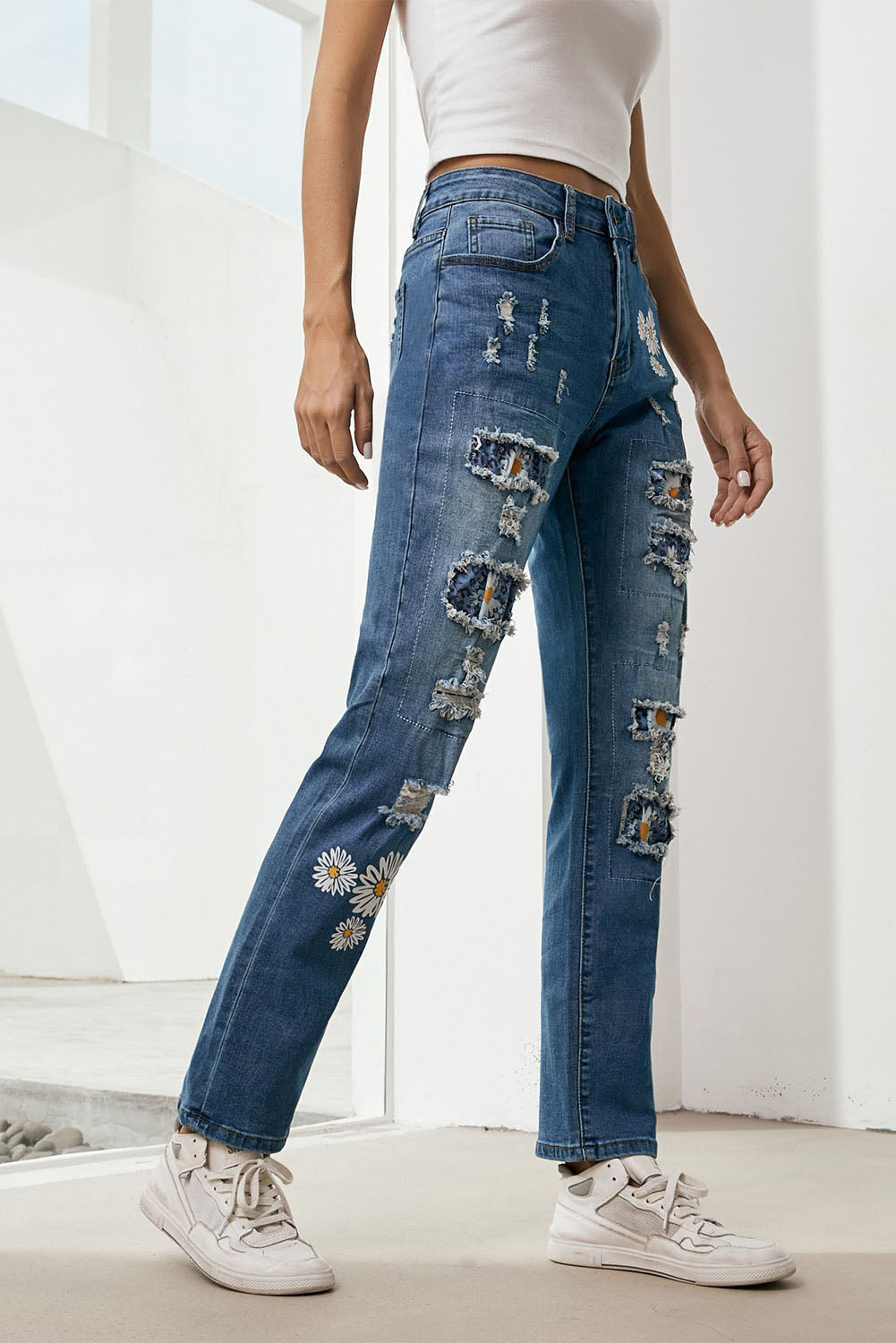Printed Patch Distressed Boyfriend Jeans Print on any thing USA/STOD clothes