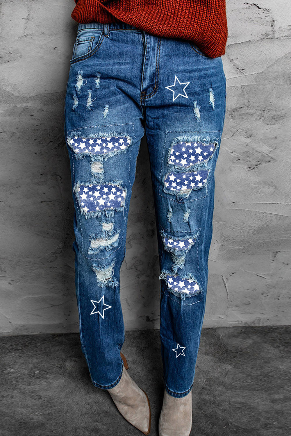 Printed Patch Distressed Boyfriend Jeans Print on any thing USA/STOD clothes